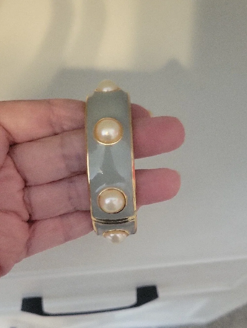 Faux Pearl-Accent Green Enamel Gold-Tone Spring Hinge Bangle Bracelet